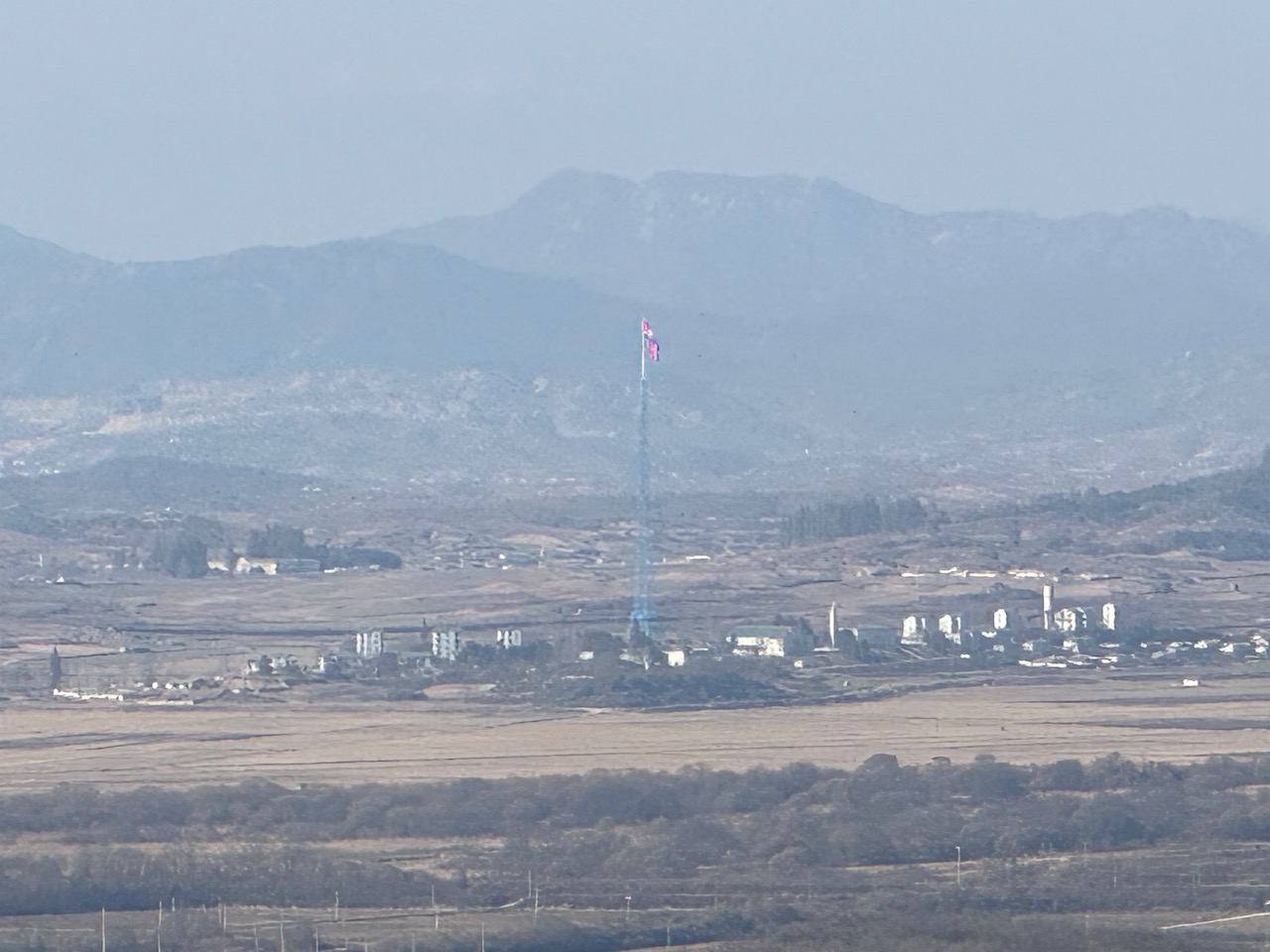 Zoomed in photo of the 160 meter flagpole in North Korea